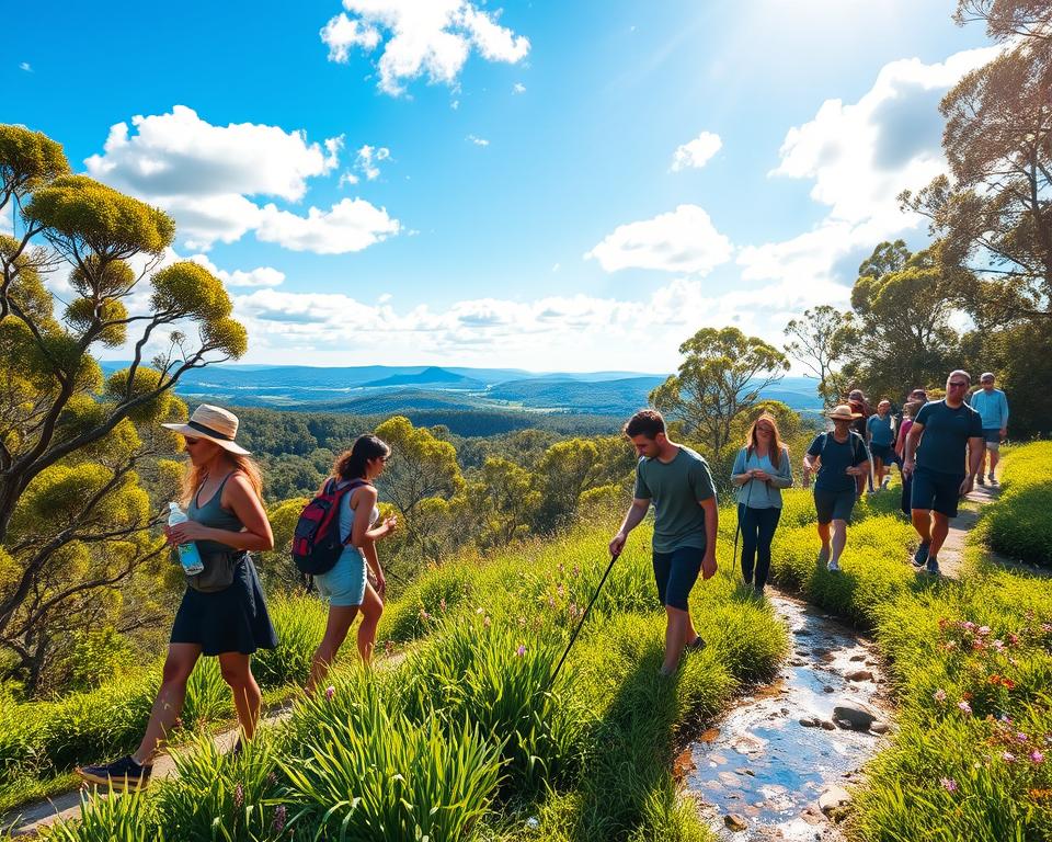 A serene landscape in Noosa National Park, Australia, showcasing sustainable travel practices. In the foreground, a diverse group of travelers of various ethnicities dressed in modest casual clothing are respectfully hiking along a well-marked trail, leaving no trace. They are engaged in eco-friendly activities like using reusable water bottles and collecting small litter. The middle ground features lush greenery of native Australian plants and wildflowers, with a view of a gently flowing creek reflecting the sunlight. The background displays a vibrant blue sky dotted with fluffy white clouds, and distant rolling hills. Soft, warm sunlight filters through the trees, creating a tranquil and inviting atmosphere, accentuating the themes of nature conservation and responsible exploration. The image captures the essence of respecting wildlife while enjoying the great outdoors.