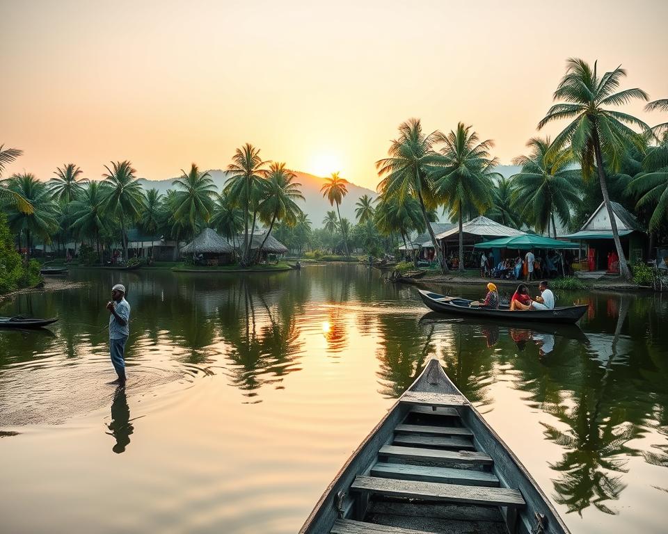 A serene landscape in the Kerala backwaters, featuring lush green palm trees reflected in calm waters. In the foreground, a local villager in modest casual clothing is fishing with traditional techniques, showcasing the daily life of the region. In the middle ground, a small canoe passes by, carrying tourists who are engaging with the vibrant environment. Nearby, a colorful markets with stalls displaying spices and handmade crafts can be seen. In the background, gentle hills rise under a soft golden sunset, casting a warm glow over the scene. The atmosphere is tranquil and inviting, evoking a sense of adventure and cultural immersion. Use warm, natural lighting to enhance the peaceful mood, captured with a wide-angle lens that offers a panoramic view of this unique experience in Kerala.
