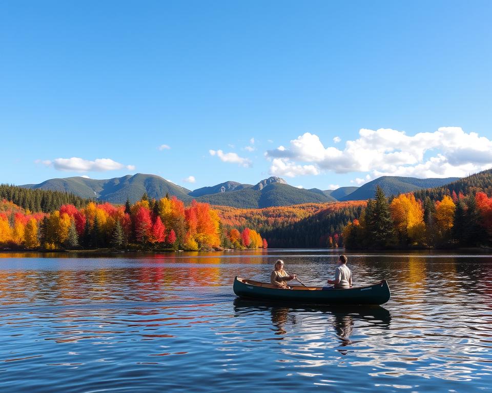 A serene landscape of Algonquin Provincial Park during the vibrant autumn season, featuring a tranquil lake reflecting the brilliant reds, oranges, and yellows of the surrounding deciduous trees in the foreground. In the middle ground, a peaceful canoe glides through the water, with a man and woman dressed in modest outdoor attire enjoying the scenery. The background showcases rugged, forested hills under a clear blue sky, with soft, fluffy clouds creating a sense of calm. The sunlight gently filters through the foliage, casting dappled light on the water's surface, adding warmth to the scene. The atmosphere is tranquil and inviting, capturing the natural beauty and charm of this iconic Canadian park, perfect for exploration and appreciation.