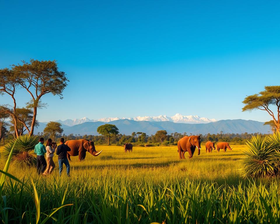 A serene landscape of Chitwan National Park in Nepal, featuring a lush green foreground with varied tropical flora and fauna, such as tall grass and trees. In the midground, a group of people dressed in modest casual clothing, with binoculars and cameras, observing wildlife like elephants and rhinoceroses quietly roaming nearby. The background showcases the majestic Himalayas under a clear blue sky, with soft, golden sunlight casting warm tones across the scene, enhancing the vibrant colors of nature. The angle is slightly elevated, offering a panoramic view that captures both the wildlife and the stunning natural setting, evoking a sense of adventure and tranquility in this pristine environment.