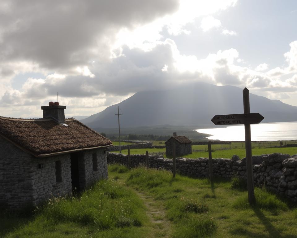 A serene landscape of Connemara, Ireland, showcasing its rich history. In the foreground, a weathered stone cottage with thatched roof, surrounded by lush green grass and wildflowers. In the middle ground, an ancient stone wall leads the eye to a majestic, rugged mountain range under a dramatic sky, where soft sunlight pierces through scattered clouds, casting gentle shadows. A rustic wooden signpost, pointing towards historic sites, adds character. The background features a glistening lake reflecting the serene beauty of the landscape. The atmosphere is tranquil and timeless, evoking the deep heritage and natural beauty of Connemara. The scene should be captured with a wide-angle lens, emphasizing the expansive view, with soft, diffused lighting to enhance the peaceful mood.
