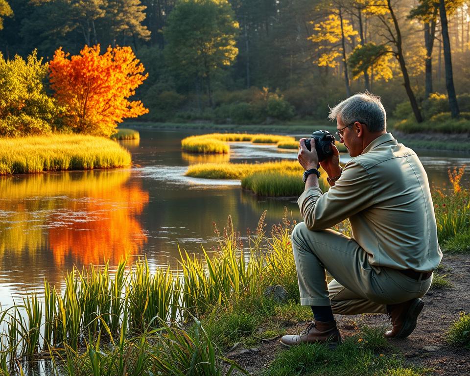 A serene landscape of De Biesbosch National Park, capturing the essence of photography in nature. In the foreground, a professional photographer in modest casual clothing is kneeling near the water's edge, adjusting his camera to capture the reflection of vibrant autumn foliage in the calm water. In the middle ground, a winding river is framed by lush green reeds and scattered wildflowers, creating colorful contrasts. The background features dense forests with sunlight filtering through the treetops, creating dappled light patterns. The mood is tranquil and inspiring, showcasing the best photographic opportunities of the park during golden hour, with soft, warm lighting. Capture this scene from a low angle to emphasize the reflections and create depth.