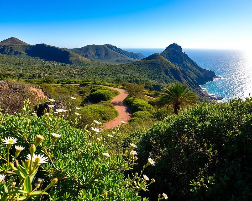 A serene landscape of El Hierro, showcasing its balanced climate and natural beauty. In the foreground, lush green bushes and delicate wildflowers sway gently in a soft breeze, capturing the tranquility of the island. The middle ground reveals a winding path leading through a vibrant forest, with trees displaying various shades of green, suggesting a diverse ecosystem. In the background, the rugged cliffs rise dramatically against a clear blue sky, while the distant ocean glistens under the warm sunlight, reflecting hues of azure and turquoise. The image is illuminated with soft, natural daylight, creating an inviting and peaceful atmosphere, ideal for showcasing the serene and nature-rich essence of El Hierro. The composition is shot from a slightly elevated angle to capture the sweeping views of the island's landscape in all its glory.