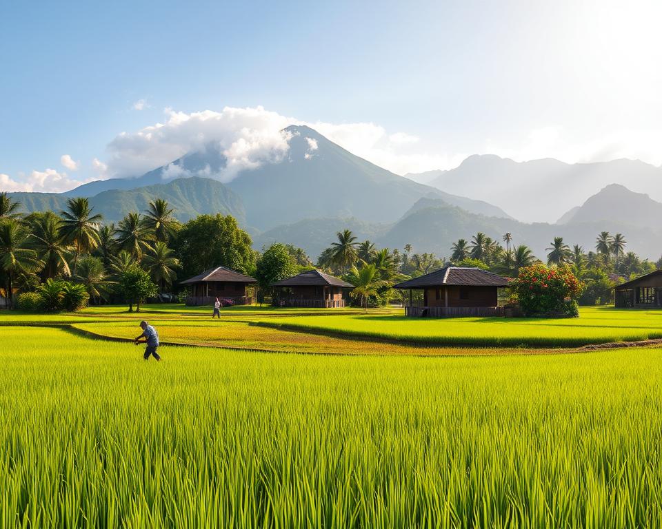 A serene landscape of Flores Island, Indonesia, showcasing its diverse regions. In the foreground, lush green rice paddies glisten under soft morning light, dotted with farmers in modest clothing tending to their crops. The middle ground features a tranquil village with traditional wooden houses, surrounded by vibrant tropical vegetation and colorful flowers. In the background, majestic volcanic mountains rise against a clear blue sky, partially covered in mist. The atmosphere is peaceful and inviting, with a warm golden glow from the sun illuminating the scene. Capture this idyllic moment from a slightly elevated angle to provide depth, emphasizing the contrast between the cultivated land and the rugged natural beauty of Flores. The overall mood conveys harmony between nature and local culture.