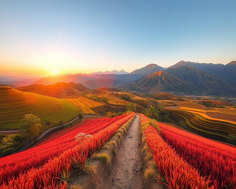 A serene landscape of Flores Island in Indonesia during golden hour, showcasing vibrant terraced rice fields in the foreground, gently sloping hills in the middle ground, and majestic volcanic mountains in the background. Include a clear sky with soft pastel hues of sunset, casting warm, golden light over the scene. Add a well-trodden hiking path leading through the fields, inviting travelers to explore. Incorporate local flora, such as tropical flowers and lush greenery, to highlight the island's natural beauty. The atmosphere is calm and inviting, perfect for adventure and relaxation. Use a wide-angle lens effect to capture the expansive view and create a sense of immersion in this idyllic setting.