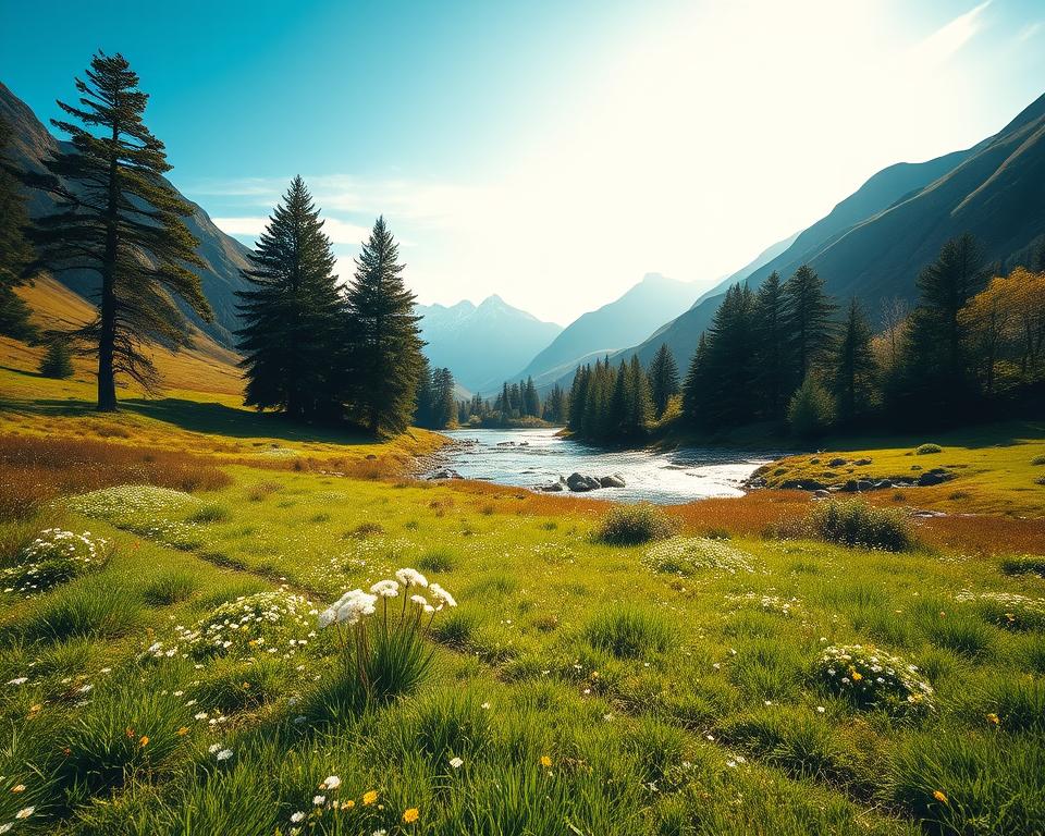 A serene landscape of Glen Affric in Scotland, showcasing the untouched beauty of nature. In the foreground, a lush carpet of green grass interspersed with wildflowers, emphasizing the importance of Leave No Trace principles. The middle ground features a peaceful flowing river, reflecting the clear blue sky, with pine trees lining the banks. In the background, majestic mountains rise, their summits slightly shrouded in wispy clouds. Soft, golden sunlight filters through the trees, casting dappled shadows on the ground, creating an inviting atmosphere. The mood is tranquil and harmonious, embodying sustainable travel and respect for wildlife. The viewpoint is slightly elevated, capturing the vast expanse of this pristine valley, inviting the viewer to appreciate the beauty and serenity of Glen Affric without leaving a trace. A serene landscape of Glen Affric in Scotland, showcasing the untouched beauty of nature. In the foreground, a lush carpet of green grass interspersed with wildflowers, emphasizing the importance of Leave No Trace principles. The middle ground features a peaceful flowing river, reflecting the clear blue sky, with pine trees lining the banks. In the background, majestic mountains rise, their summits slightly shrouded in wispy clouds. Soft, golden sunlight filters through the trees, casting dappled shadows on the ground, creating an inviting atmosphere. The mood is tranquil and harmonious, embodying sustainable travel and respect for wildlife. The viewpoint is slightly elevated, capturing the vast expanse of this pristine valley, inviting the viewer to appreciate the beauty and serenity of Glen Affric without leaving a trace.