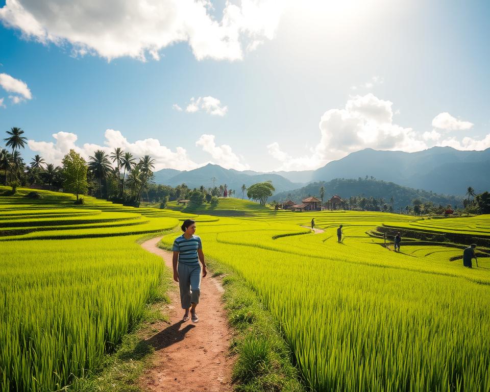 A serene landscape of Jatiluwih, Bali, showcasing its lush, terraced rice fields in vibrant shades of green. In the foreground, a well-trodden path leads through the rice paddies, with a person dressed in modest, casual clothing walking thoughtfully, symbolizing sustainable travel. The middle ground features traditional Balinese farmers tending to the fields, engaged in eco-friendly agricultural practices. The background reveals majestic mountains under a bright blue sky, softened by fluffy white clouds. Golden sunlight filters through the trees, creating a warm and inviting atmosphere. The image captures the tranquility and beauty of responsible travel, emphasizing the harmony between nature and human activity, with a focus on preserving the landscape.