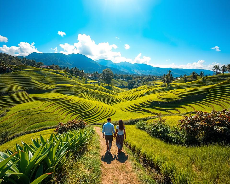 A serene landscape of Jatiluwih rice terraces in Bali, capturing the vibrant green of the rice paddies layered in intricate patterns through undulating hills. In the foreground, a path lined with lush tropical plants leads viewers toward the terraces. The middle ground features a couple walking hand in hand, dressed in modest, casual clothing, enjoying the tranquil scenery. In the background, majestic mountains rise under a bright blue sky, dotted with fluffy white clouds. The lighting is soft and warm, suggesting late afternoon sun, creating a peaceful atmosphere. Use a wide-angle lens perspective to enhance the depth and grandeur of the landscape, evoking a sense of calm and relaxation in nature.