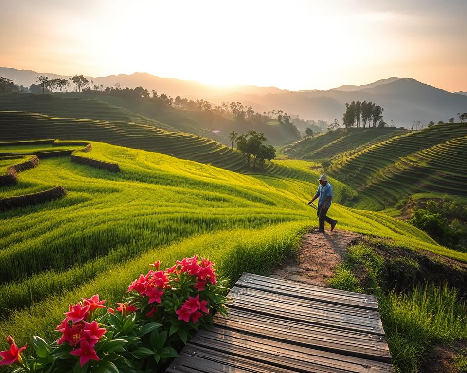A serene landscape of Jatiluwih rice terraces in Bali during the golden hour, with layers of lush green fields cascading down the slopes. In the foreground, a wooden pathway lined with vibrant tropical flowers invites viewers into the scene. In the middle ground, a local Balinese farmer in modest casual clothing tends to the rice fields, showcasing the cultural aspect of the region. The background features majestic mountains under a soft, warm sky, casting gentle light across the terraces. The atmosphere is tranquil and inviting, emphasizing the beauty of nature and the peacefulness of rural life. The image is captured with a wide-angle lens to enhance the depth and expansiveness of the landscape, creating a perfect balance of detail and scenery.