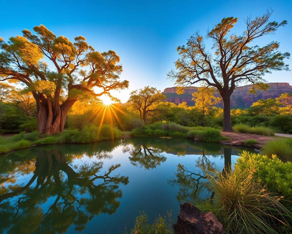 A serene landscape of Kakadu National Park in Australia during the best travel season, showcasing vibrant greenery and rich wildlife. In the foreground, depict a tranquil waterhole reflecting the vivid blue sky, surrounded by lush vegetation. In the middle, include iconic eucalyptus trees with dappled sunlight filtering through their leaves, creating a warm and inviting atmosphere. In the background, majestic sandstone escarpments rise sharply, bathed in the golden light of the setting sun. The scene conveys a peaceful and exploratory mood, ideal for capturing the natural beauty of the park. Use soft lighting to emphasize the harmony of nature, and a wide-angle perspective to create an immersive experience.