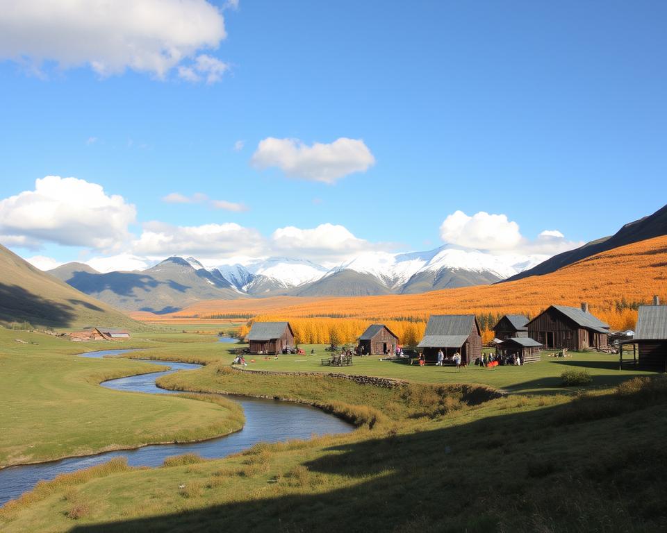 A serene landscape of Klondike Gold Rush National Historical Park, showcasing rolling hills and lush greenery in the foreground, with a winding river reflecting the clear blue sky and fluffy white clouds. In the middle ground, include rustic wooden structures reminiscent of the gold rush era, with a few people dressed in casual yet modest outdoor clothing, exploring the area. The background features rugged mountains with snow-capped peaks, surrounded by a vibrant autumn forest in warm hues of orange and yellow, creating a sense of adventure and discovery. The lighting is warm and golden, capturing the essence of a sunny day, viewed from a low angle to emphasize the grandeur of the landscape. The overall mood is one of exploration and historical wonder, inviting the viewer to embark on a journey through time.
