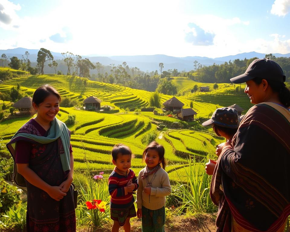 A serene landscape of Nagaland, India, depicting a sustainable travel experience. In the foreground, a small, smiling local family dressed in traditional, modest attire interacts with visitors, showcasing local crafts and organic produce. In the middle ground, lush green rice terraces gently slope down, interspersed with vibrant flowers and bamboo huts that highlight community living. The background reveals distant hills under a bright blue sky with soft cotton clouds, symbolizing the natural beauty of the region. The lighting is warm and inviting, suggesting a late afternoon ambiance, with golden sun rays filtering through the trees. The overall atmosphere conveys harmony between visitors and local communities, emphasizing sustainable travel and cultural appreciation.