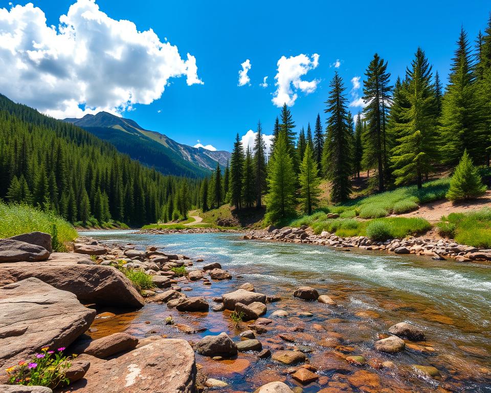 A serene landscape of Revelstoke National Park, showcasing lush green forests and majestic mountains in the background, under a bright blue sky with fluffy white clouds. In the foreground, a rocky riverbank with clear waters gently flowing, reflecting the vibrant colors of nature. A few scattered wildflowers add pops of color to the scene. The middle layer features a trail winding through dense pine trees, hinting at the park's history as a vital part of outdoor exploration. Soft sunlight filters through the trees, creating dappled shadows on the ground. The mood is tranquil and inviting, evoking a sense of adventure and appreciation for nature's beauty and heritage. Capture this majestic scene with a wide-angle lens to encompass the grandeur of the landscape.