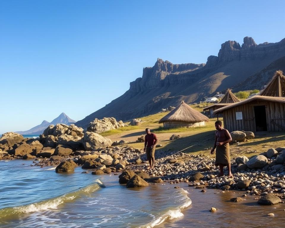 A serene landscape of Robben Island during its early history, showcasing a rugged coastline with rocky cliffs and gentle waves lapping at the shore. In the foreground, depict an impression of early indigenous inhabitants, dressed in simple, modest clothing, engaged in fishing and gathering shellfish, their expressions reflecting resilience and community. The middle ground features modest huts made of natural materials, symbolizing early settlement. The background reveals a clear blue sky, with the distant silhouette of Table Mountain, creating a sense of place and history. Soft, warm lighting captures the essence of a sunny day, enhancing the tranquil atmosphere of this pivotal moment in time, evoking curiosity and respect for the island's rich past.