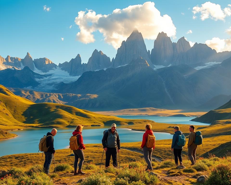 A serene landscape of Torres del Paine National Park in Patagonia, showcasing its iconic granite peaks bathed in golden sunrise light. In the foreground, a group of eco-conscious travelers, dressed in modest outdoor clothing with backpacks and hiking gear, are paused from their journey, engaging with nature responsibly. In the middle ground, pristine glacial lakes reflect the mountains, surrounded by lush green valleys dotted with wildflowers, emphasizing sustainable travel. The background features towering, jagged mountains under a clear blue sky, with fluffy white clouds drifting gently. The atmosphere conveys tranquility and awe, highlighting the beauty of nature and the importance of responsible exploration. The composition captures a wide-angle view, ensuring depth and a sense of adventure without distractions.