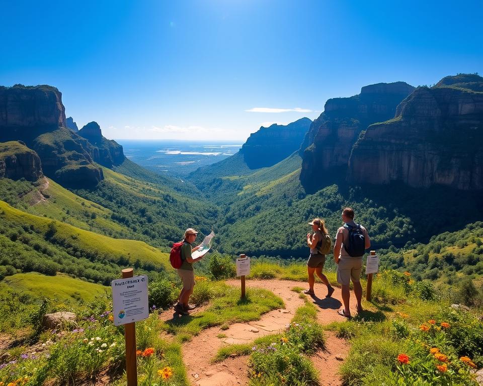 A serene landscape of the Chapada Diamantina in Brazil, showcasing lush green valleys and towering cliffs under a bright blue sky. In the foreground, a well-tended hiking trail with signs indicating safety tips, surrounded by colorful wildflowers. The middle ground features a group of travelers in modest casual clothing, enthusiastically discussing their route while checking a map, conveying a sense of adventure and safety. In the background, dramatic rock formations and distant waterfalls glimmer in the sunlight, creating an inviting atmosphere. The scene is illuminated by soft, natural lighting emphasizing the vivid colors of nature, captured with a wide-angle lens for a panoramic view. The overall mood is one of excitement and tranquility, perfect for exploring the beauty and security of this breathtaking destination.