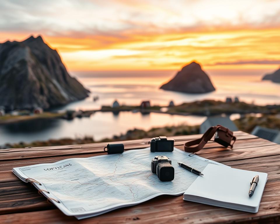 A serene landscape of the Lofoten Islands, Norway, showcasing dramatic peaks and crystal-clear waters. In the foreground, a well-organized travel planner spread out on a rustic wooden table, featuring a map, a camera, and planning tools like a notebook and pen. The middle ground shows a breathtaking view of rugged mountains and scattered fishing cabins, characteristic of the Lofoten scenery. The background captures a vibrant sunset casting warm golden and pink hues across the sky, reflecting on the water's surface, creating a tranquil atmosphere. Soft natural lighting highlights the texture of the table and the beauty of the landscape, inviting the viewer to envision their perfect trip. The angle is slightly elevated, providing a comprehensive view of the planning tools and the mesmerizing scenery.