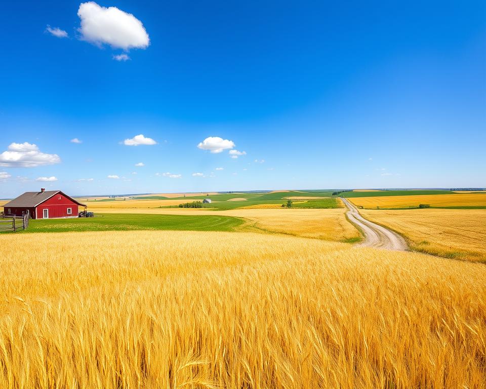 A serene landscape of the Prairie Provinces, focusing on the vast, rolling fields of Saskatchewan and Manitoba. In the foreground, a vibrant golden wheat field sways gently under a clear blue sky, with a few fluffy white clouds scattered above. A rustic red farmhouse with a wooden fence can be seen slightly to the left, embodying rural charm. In the middle ground, a winding dirt road leads toward the horizon, surrounded by lush green pastures dotted with wildflowers. The background showcases the expansive, flat landscape fading into distant hills under warm afternoon sunlight. The mood is tranquil and inviting, perfect for exploring the beauty of Canada’s prairies; the image should be captured with a wide-angle lens to emphasize the vastness and depth of the scenery. A serene landscape of the Prairie Provinces, focusing on the vast, rolling fields of Saskatchewan and Manitoba. In the foreground, a vibrant golden wheat field sways gently under a clear blue sky, with a few fluffy white clouds scattered above. A rustic red farmhouse with a wooden fence can be seen slightly to the left, embodying rural charm. In the middle ground, a winding dirt road leads toward the horizon, surrounded by lush green pastures dotted with wildflowers. The background showcases the expansive, flat landscape fading into distant hills under warm afternoon sunlight. The mood is tranquil and inviting, perfect for exploring the beauty of Canada’s prairies; the image should be captured with a wide-angle lens to emphasize the vastness and depth of the scenery.
