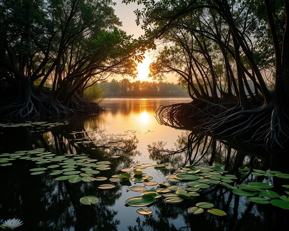 A serene landscape of the Sundarbans, capturing the essence of its lush mangrove forests and winding waterways. In the foreground, a still, reflective river with delicate water lilies floating on the surface. The middle ground features dense clusters of mangroves, their roots partially submerged in the water, creating intricate patterns. In the background, silhouettes of distant tree lines framed by a golden sunset, casting a warm glow over the scene. Soft, dappled sunlight filters through the foliage, creating a tranquil and inviting atmosphere. The image should be taken from a low angle, showcasing the reflections in the water while highlighting the rich greenery and vibrant colors of the setting. This composition evokes a sense of adventure and the beauty of nature, perfect for capturing unforgettable moments.