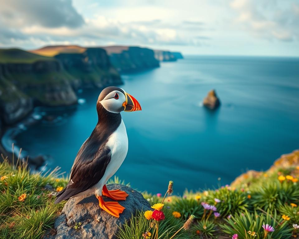 A serene landscape on the rugged coast of Iceland, highlighting a colorful Atlantic puffin perched on a rocky ledge in the foreground. The puffin is characterized by its vibrant orange beak and distinct black and white plumage, surrounded by lush green grass and colorful wildflowers to emphasize nature's beauty and sustainability. In the middle, a clear blue sea extends towards the horizon, dotted with small cliffs and gentle waves. The background features dramatic cliffs and a slightly cloudy sky, with soft sunlight breaking through, creating a warm, inviting atmosphere. The image captures the essence of ethical travel, blending wildlife conservation with Iceland’s stunning natural scenery. The composition should be framed at eye level, focusing on the puffin in detail, while maintaining a sense of tranquility.