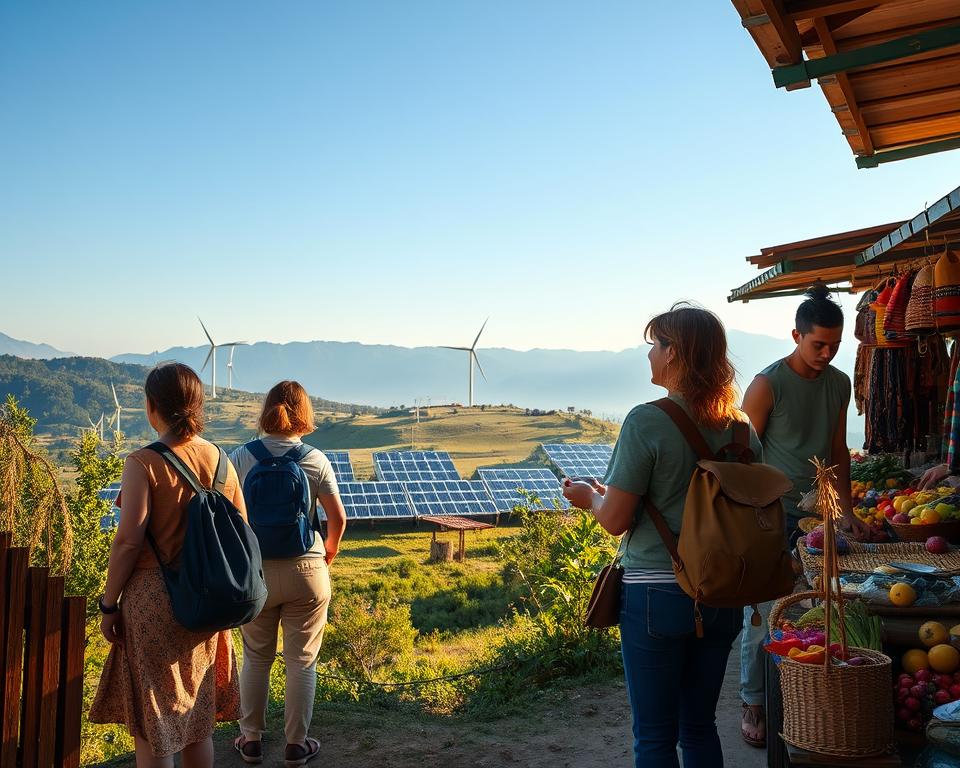 A serene landscape reflecting sustainable travel practices, featuring a small eco-friendly traveling group in moderate casual clothing, exploring a vibrant local market. In the foreground, a diverse group of travelers admires colorful handicrafts and fresh produce, showcasing their engagement with the culture. The middle ground captures a lush, green landscape, with solar panels and wind turbines subtly integrated within the scenery, emphasizing eco-consciousness. The background reveals majestic mountains under a clear blue sky, hinting at adventures waiting ahead. Soft, warm daylight casts gentle shadows, creating a welcoming atmosphere. A wide-angle lens perspective adds depth to the scene, inviting viewers to feel the excitement of discovering the world sustainably.