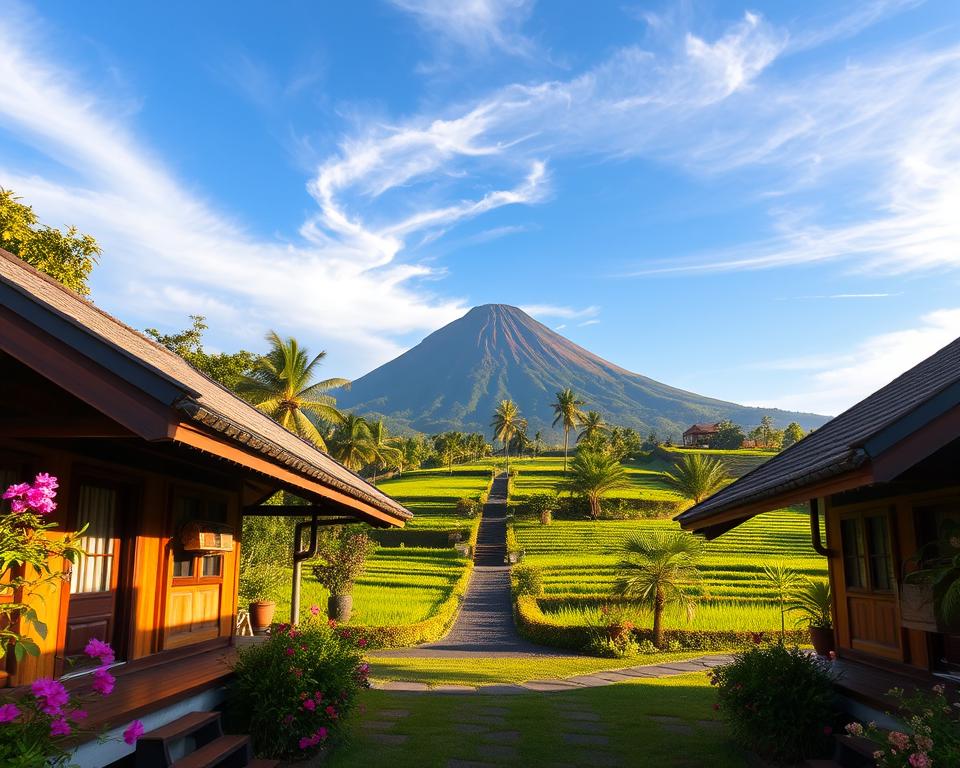 A serene landscape showcasing comfortable accommodations near the majestic Mount Agung in Bali. In the foreground, feature charming wooden bungalows with thatched roofs, adorned with lush tropical vegetation and blooming flowers. In the middle ground, depict a clear path leading towards the base of Mount Agung, framed by vibrant green rice terraces and palm trees. The background features the imposing volcano rising majestically under a bright blue sky with wispy clouds. Capture the warm glow of late afternoon sunlight, creating soft shadows that enhance the tranquil atmosphere. Use a wide-angle lens to encompass the beauty of the surroundings and evoke a sense of adventure and relaxation, inviting viewers to explore this breathtaking destination.
