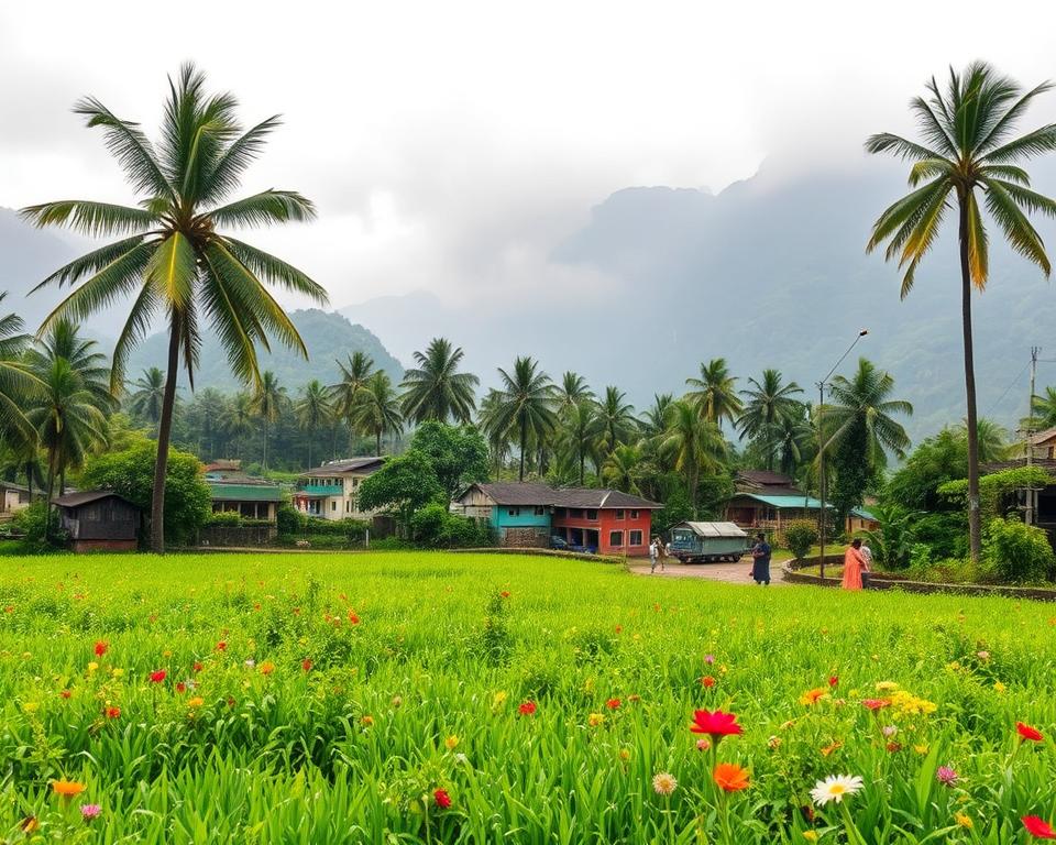 A serene landscape showcasing popular travel destinations in India during the monsoon season. In the foreground, lush green fields glisten with rain, dotted with vibrant wildflowers. The middle ground reveals a picturesque village with traditional Indian architecture, featuring colorful houses and people in modest casual clothing enjoying the refreshing weather. Towering palm trees sway gently in the breeze, their leaves glistening with raindrops. In the background, majestic mountains shrouded in mist create a dramatic atmosphere, bathed in soft, diffused lighting that captures the essence of the rainy season. The overall mood is tranquil and inviting, reflecting the beauty of nature, culture, and relaxation in India during the monsoon.