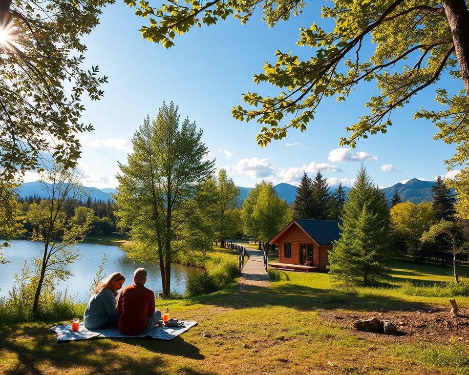 A serene landscape showcasing sustainable tourism in Sweden. In the foreground, a group of four outdoor enthusiasts dressed in modest, casual clothing enjoy a picnic near a calm lake surrounded by lush, green trees. In the middle ground, a wooden hiking trail winds through the forest, leading to a cozy, eco-friendly cabin made of natural materials. In the background, distant mountains rise softly against a bright blue sky, dotted with fluffy white clouds. The atmosphere is peaceful and inviting, with warm sunlight filtering through the leaves, casting gentle shadows on the ground. The scene is photographed with a wide-angle lens to capture the expansive beauty of the Swedish wilderness, emphasizing the harmonious relationship between nature and responsible tourism.