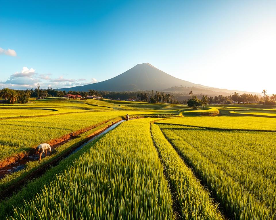 A serene landscape showcasing the Subak-System in Jatiluwih, Bali. In the foreground, lush green rice terraces mirror the traditional irrigation system, with water flowing gently between the fields. Farmers, dressed in modest, casual attire, are seen working harmoniously in the fields, cultivating the rice with care. The mid-ground features neatly arranged rice paddies that stretch in perspective, revealing their intricate patterns and vibrant shades of green. In the background, the majestic Batukaru Mountain looms under a clear blue sky, with soft clouds enhancing the tranquil atmosphere. Golden sunlight bathes the scene, creating a warm, inviting mood that emphasizes the cultural significance of this UNESCO World Heritage site. The angle captures a panoramic view, showcasing both the beauty of nature and the dedication of those who farm these lands.