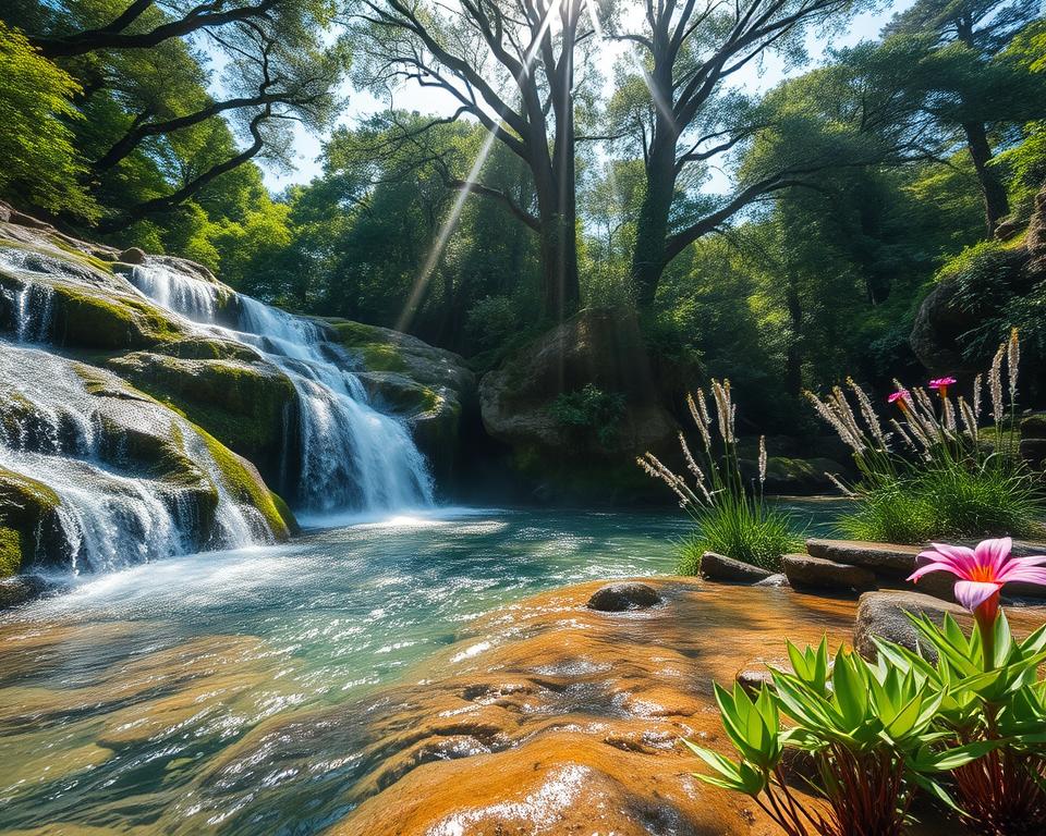 A serene landscape showcasing the enchanting waterfalls of Croatia, surrounded by lush greenery and vibrant flora. In the foreground, crystal-clear water cascades down moss-covered rocks, creating a misty spray that catches the sunlight, producing shimmering rainbows. The middle ground features an array of native plants, emphasizing the importance of conservation efforts. In the background, towering trees provide a natural canopy, with rays of soft morning light filtering through the leaves, creating an ethereal atmosphere. The overall mood is tranquil and inspiring, reflecting the beauty of Croatia's natural environment. The composition should be captured from a low angle, focusing on the waterfalls while incorporating the vibrant ecosystem around them, highlighting the theme of sustainability and nature conservation.