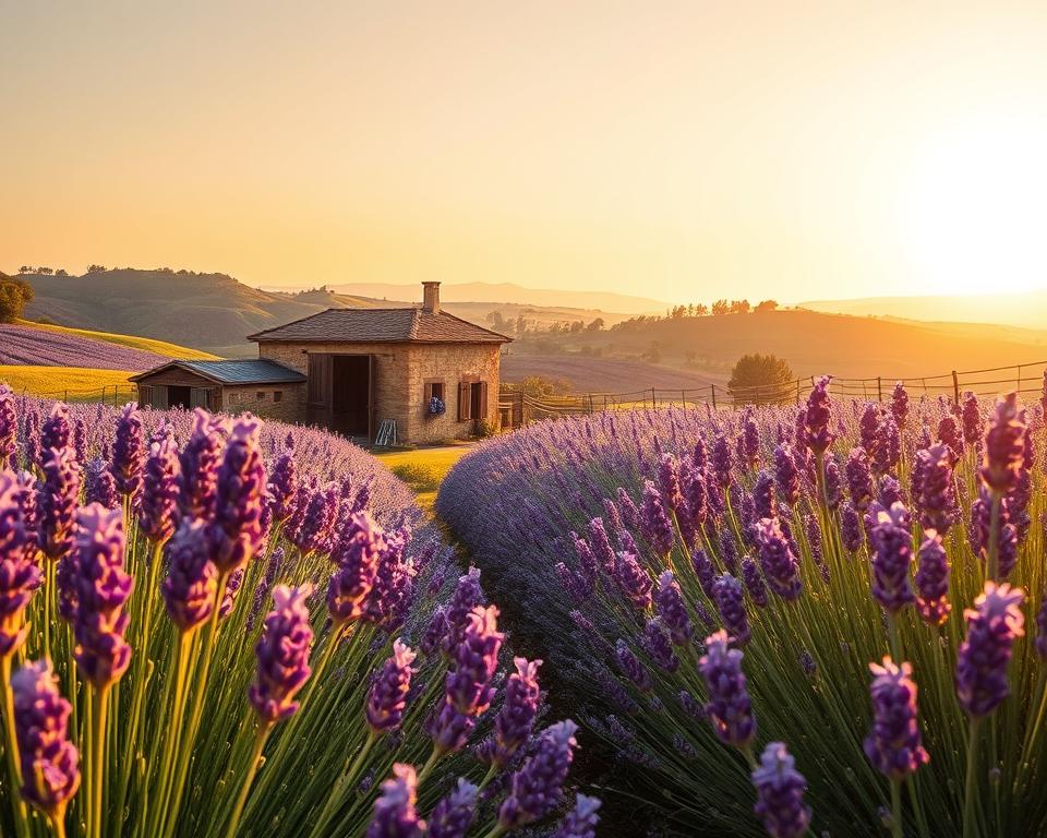 A serene lavender field in Provence, bursting with vibrant purple blooms under the warm golden light of a late afternoon sun. In the foreground, rows of lush lavender stretch towards the viewer, cradling drops of dew that glisten in the light. In the middle ground, a rustic distillery made of aged stone and wooden accents sits amidst the fields, with lavender bundles hanging to dry nearby. The background features soft, rolling hills covered in untamed greenery, dotted with charming farmhouse structures. The sky is a stunning gradient of soft oranges and yellows blending into a gentle blue, evoking a peaceful, idyllic atmosphere. The overall mood captures the essence of summer in Provence, highlighting the beauty of lavender and its local artisanal production.