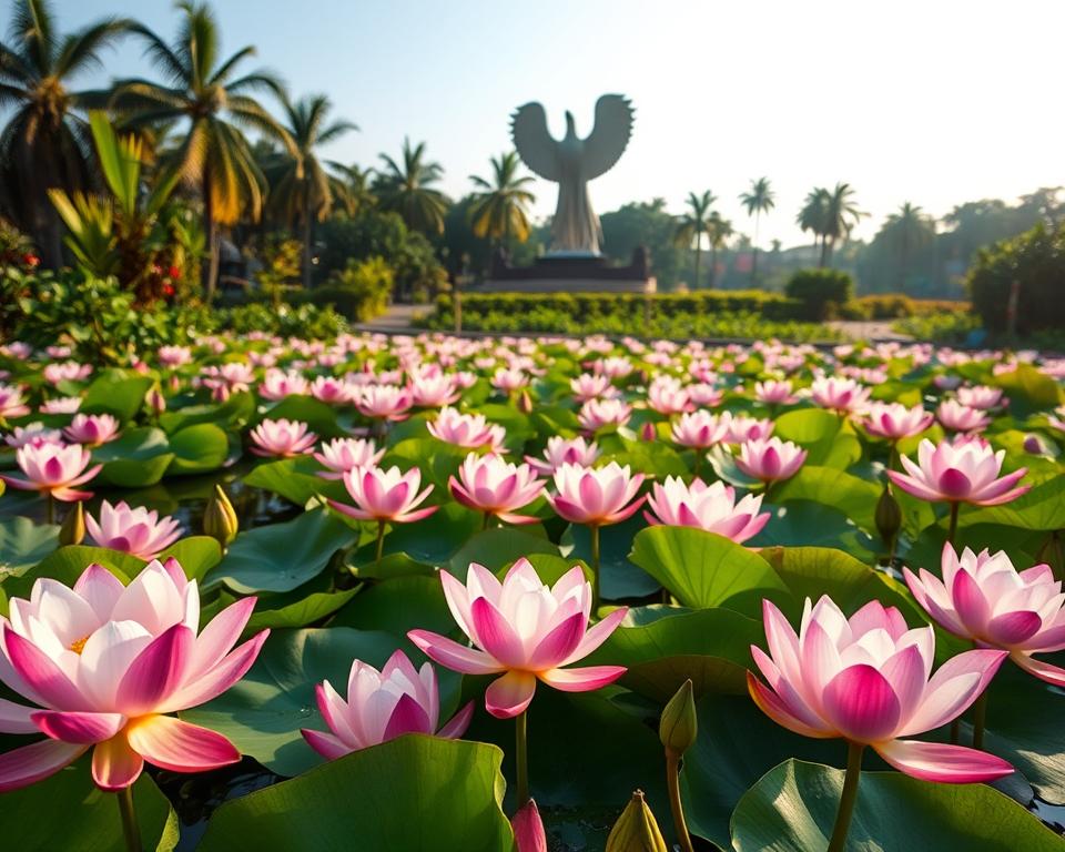 A serene lotus pond in Garuda Wisnu Kencana Kulturpark, brimming with pink and white lotus flowers in full bloom, their vibrant petals reflecting the soft golden light of the early morning sun. In the foreground, lush green lily pads float gently on the water’s surface, while delicate dragonflies flit above. The middle ground reveals verdant surrounding flora, including palm trees and tropical plants, creating a sense of lush tranquility. In the background, the striking silhouette of the park’s iconic statue, Garuda Wisnu Kencana, rises majestically against a clear blue sky. The setting evokes a peaceful atmosphere, ideal for contemplation and appreciation of nature. Capture the image from a low angle to emphasize the depth of the pond. The overall mood is calm and harmonious, inviting the viewer into a tranquil moment in nature. A serene lotus pond in Garuda Wisnu Kencana Kulturpark, brimming with pink and white lotus flowers in full bloom, their vibrant petals reflecting the soft golden light of the early morning sun. In the foreground, lush green lily pads float gently on the water’s surface, while delicate dragonflies flit above. The middle ground reveals verdant surrounding flora, including palm trees and tropical plants, creating a sense of lush tranquility. In the background, the striking silhouette of the park’s iconic statue, Garuda Wisnu Kencana, rises majestically against a clear blue sky. The setting evokes a peaceful atmosphere, ideal for contemplation and appreciation of nature. Capture the image from a low angle to emphasize the depth of the pond. The overall mood is calm and harmonious, inviting the viewer into a tranquil moment in nature.