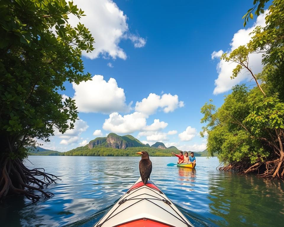 A serene mangrove ecosystem in Pulau Langkawi, Malaysia, showcasing the beauty of nature. In the foreground, a kayak glides through tranquil, reflective waters under a vivid blue sky dotted with fluffy white clouds. Lush green mangrove trees frame the sides, their roots elegantly intertwined with the water. In the middle ground, a small group of tourists, dressed in modest casual clothing, explore the abundant wildlife, pointing excitedly at a rare bird perched nearby. The background features a distant view of limestone cliffs covered in vibrant greenery, bathed in warm, golden sunlight, creating a harmonious and inviting atmosphere. High-resolution, taken with a wide-angle lens at a slightly elevated angle to capture the expansive sky and lush landscape, conveying a sense of adventure and tranquility.