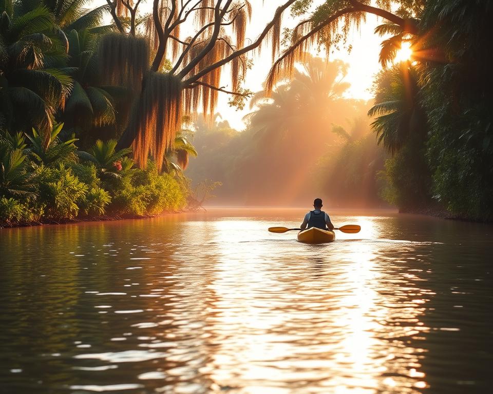 A serene morning scene in Tortuguero National Park, Costa Rica, showcasing a tranquil canal. In the foreground, a gently rippling water surface reflects the soft pastel colors of sunrise. A small, colorful kayak is gliding peacefully through the water, with a participant in modest casual attire for a safe and enjoyable morning tour. In the middle ground, lush, dense greenery flanks the canal, with vibrant tropical plants and occasional bursts of flowers. In the background, towering trees draped with vines create a natural canopy, filtering the warm, golden sunlight. The atmosphere is calm and inviting, capturing the essence of adventure and exploration. Use a soft focus lens effect to enhance the dreamy quality of the morning light.