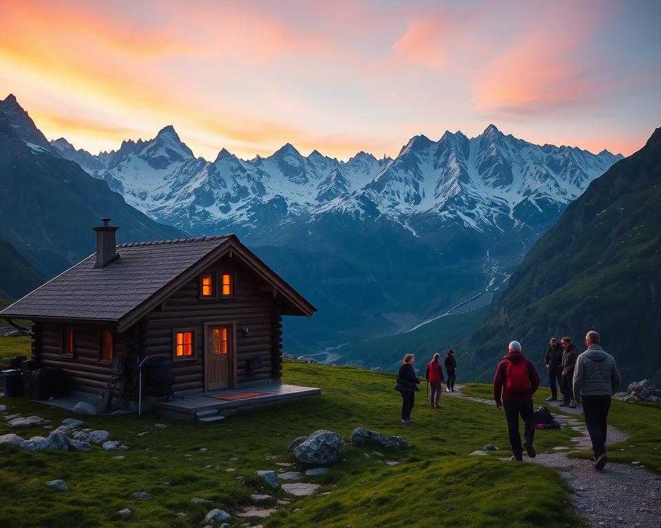 A serene mountain scene featuring the Olpererhütte nestled among towering peaks in the Tyrolean Alps. In the foreground, a well-cared-for wooden hut with warm lights glowing from its windows, surrounded by lush green grass and rocky paths. The middle ground showcases fellow hikers in modest casual clothing, preparing to settle in for the night, with backpacks and outdoor gear scattered around. In the background, majestic snow-capped mountains under a vibrant twilight sky, casting a golden hue over the landscape. The atmosphere is cozy and inviting, evoking a sense of adventure and warmth. Soft lighting emphasizes the charm of the wooden cabin, creating a peaceful, welcoming mood. Shot at a dynamic angle to capture the height of the mountains and the welcoming structure of the hut.