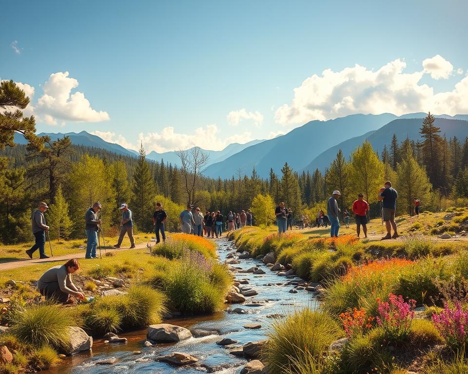 A serene natural landscape depicting responsible environmental stewardship. In the foreground, a diverse group of people, dressed in casual clothing, are engaged in outdoor activities like planting trees, picking up litter, and enjoying nature respectfully. The middle ground features a lush forest with colorful wildflowers and clear streams flowing gently, showcasing biodiversity. In the background, majestic mountains rise against a bright blue sky with soft, fluffy clouds. The lighting is warm and inviting, suggesting a late afternoon sun that casts gentle shadows. Capture a harmonious atmosphere, emphasizing the bond between humans and nature, with a focus on sustainability and appreciation for the environment.