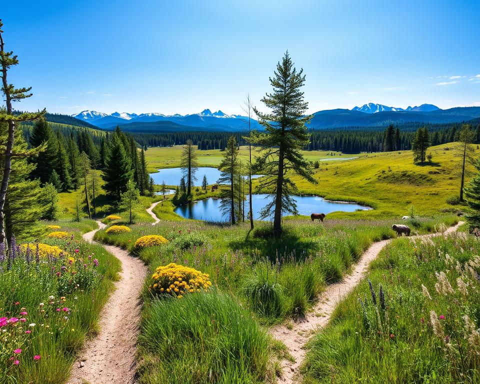 A serene nature reserve in Sweden, showcasing lush green forests and tranquil lakes nestled among rolling hills. In the foreground, a winding hiking trail leads through vibrant wildflowers and tall grass, inviting viewers to explore the natural beauty. The middle ground features clusters of birch and pine trees, their leaves gently swaying in a soft breeze. A few deer can be seen grazing peacefully in the distance, embodying the wildlife that thrives in this protected area. The background showcases snow-capped mountains under a clear blue sky, with soft sunlight casting dappled shadows across the landscape. The overall mood is tranquil and inviting, reflecting the importance of respecting nature's boundaries. Shot with a wide-angle lens to capture the expansive scenery and enhance the sense of openness.