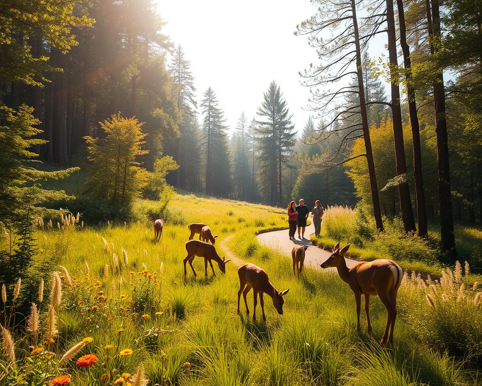 A serene nature scene that embodies the essence of conservation, featuring a lush green forest populated with diverse wildlife. In the foreground, a family of deer grazes peacefully among vibrant wildflowers and tall grasses. The middle ground showcases a winding path with a few eco-conscious visitors walking respectfully, dressed in casual outdoor attire. The background reveals towering trees bathed in soft golden sunlight filtering through the leaves, creating dappled patterns on the forest floor. A clear blue sky peeks through the canopy, enhancing the inviting atmosphere. Capture this image with a warm, natural lighting effect, using a wide-angle lens to convey depth, and from a slightly elevated angle for a comprehensive view of this harmonious ecosystem. The overall mood should evoke tranquility, respect for nature, and a sense of wonder. A serene nature scene that embodies the essence of conservation, featuring a lush green forest populated with diverse wildlife. In the foreground, a family of deer grazes peacefully among vibrant wildflowers and tall grasses. The middle ground showcases a winding path with a few eco-conscious visitors walking respectfully, dressed in casual outdoor attire. The background reveals towering trees bathed in soft golden sunlight filtering through the leaves, creating dappled patterns on the forest floor. A clear blue sky peeks through the canopy, enhancing the inviting atmosphere. Capture this image with a warm, natural lighting effect, using a wide-angle lens to convey depth, and from a slightly elevated angle for a comprehensive view of this harmonious ecosystem. The overall mood should evoke tranquility, respect for nature, and a sense of wonder.