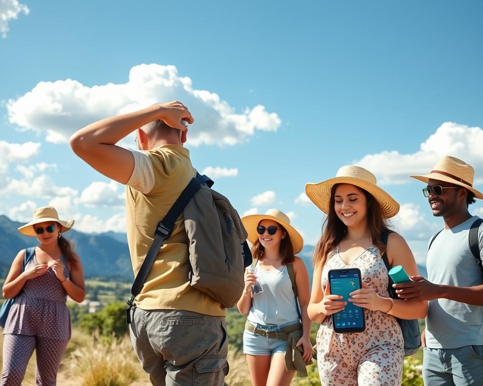 A serene outdoor scene depicting a diverse group of individuals engaged in various outdoor activities that highlight health and safety in different weather conditions. In the foreground, a family in modest casual clothing applies sunscreen, while a group of friends drinks water and wears sun hats. The middle ground features a person checking a weather app on a smartphone, showcasing preparation for a trip. In the background, a picturesque landscape with mountains and a bright blue sky with fluffy white clouds symbolizes ideal travel weather. The lighting is bright and cheerful, evoking a sense of warmth and safety. The atmosphere is positive and vibrant, emphasizing the importance of health and safety in travel during extreme temperatures and UV exposure.