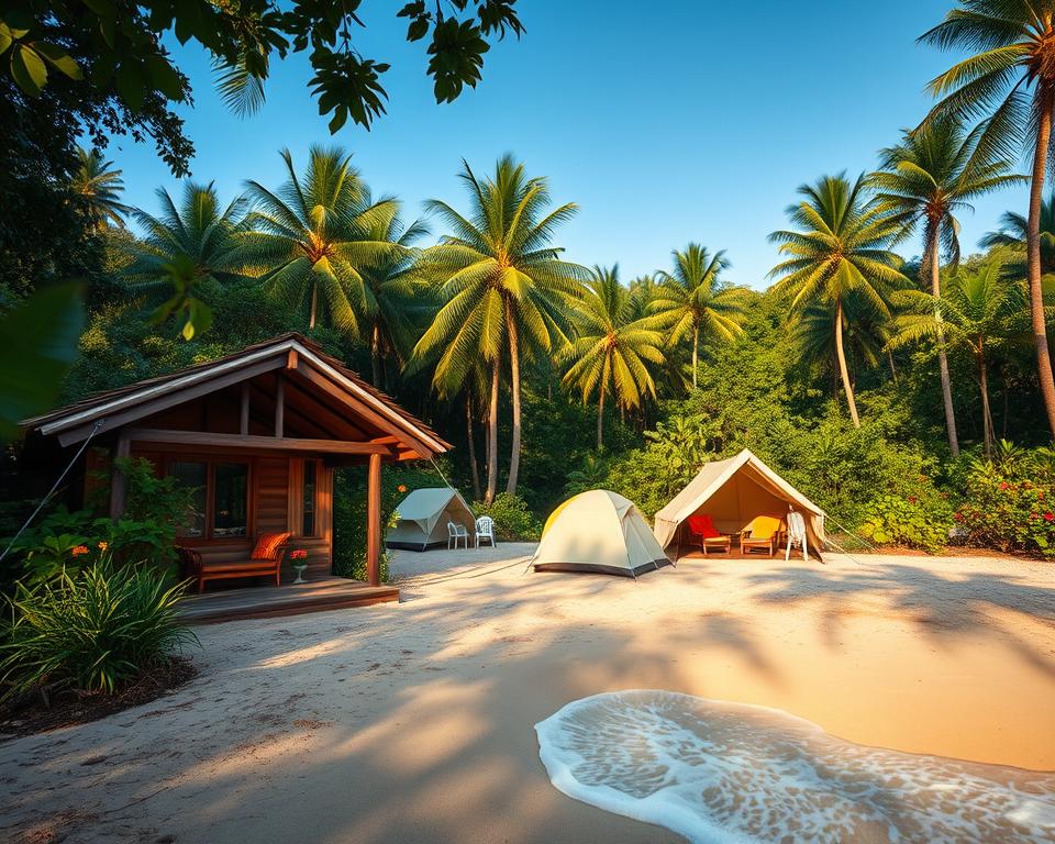 A serene outdoor scene depicting various accommodations in Parque Nacional Natural Tayrona. In the foreground, showcase a cozy cabin made from natural materials, surrounded by lush tropical greenery. In the middle ground, highlight a tent setup with comfortable camping gear, with gentle beachfront waves lapping at the sand. To the background, reveal the dense jungle framing the scene, with towering palm trees and vibrant flowers. The setting is illuminated by the soft, warm light of a golden sunset, casting long shadows and enhancing the tranquil atmosphere. Capture a sense of adventure and relaxation, with clear blue skies and hints of wildlife peeking through the foliage. Use a wide-angle lens to create depth, emphasizing the harmony between nature and accommodation options for all budgets.