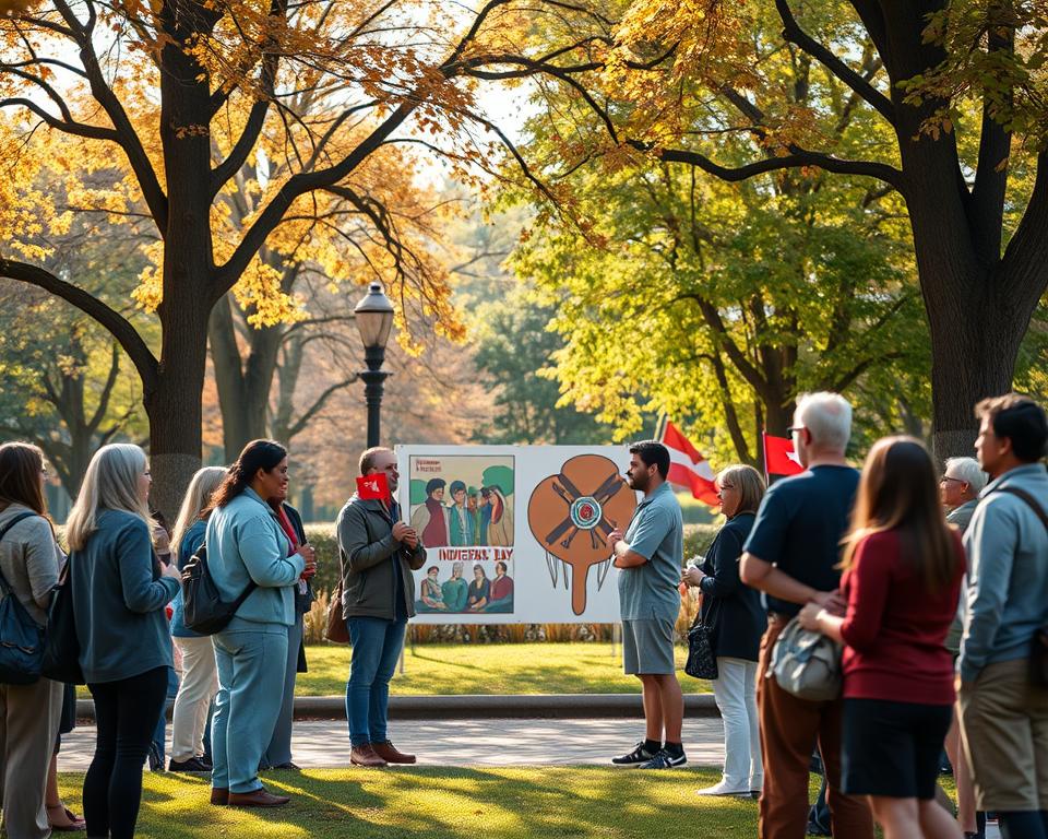 A serene park scene on Columbus Day in the USA, featuring diverse individuals of various ethnic backgrounds participating in a peaceful gathering. In the foreground, a group of people dressed in modest casual clothing engages in a discussion, holding small flags symbolizing both Columbus Day and Indigenous Peoples’ Day. The middle ground showcases an artistic display with a blend of Columbus-related imagery and Indigenous symbols, creating a dialogue between the two. In the background, trees with colorful autumn leaves frame the scene, while soft sunlight filters through, casting a warm glow. The mood is reflective and respectful, inviting viewers to contemplate the significance of both holidays and the evolving perspectives surrounding them. Capture the atmosphere with a slight depth of field effect, giving focus to the gathering while softly blurring the background.