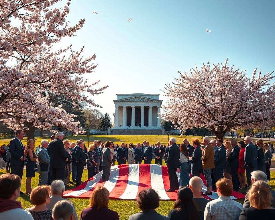 A serene, patriotic scene capturing the essence of President’s Day in the USA. In the foreground, a diverse group of people dressed in professional business attire is gathered around a large American flag, symbolizing unity and respect. The middle ground features a peaceful park setting with cherry blossom trees in bloom, their petals gently falling, creating a sense of renewal. In the background, a classic American landmark, like the Lincoln Memorial or a historic town hall, stands majestically under a clear blue sky, bathed in warm sunlight. The atmosphere is reflective and respectful, evoking feelings of honor and remembrance. The scene is captured in a slight aerial view to encapsulate the gathering and surroundings, with soft, natural lighting to enhance the mood of celebration and reflection.