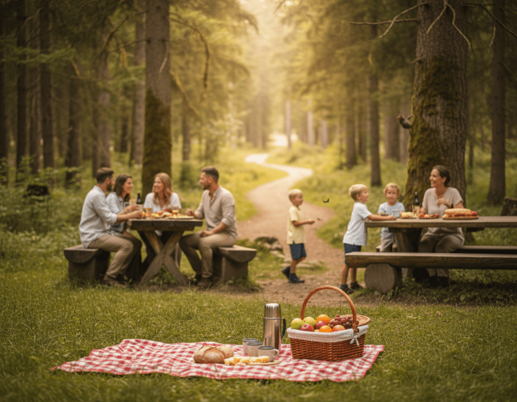 A serene picnic area along the Walderlebnispfad Farchant, featuring rustic wooden picnic tables surrounded by lush greenery and tall trees. In the foreground, a quaint picnic setup with a checkered blanket, a picnic basket filled with fresh fruits, and a thermos, inviting relaxation. The middle ground showcases families enjoying their time, with adults in modest casual clothing and children playing nearby, all radiating joy and connection with nature. The background displays a gentle trail winding through the forest, bathed in warm, dappled sunlight filtering through the leaves, evoking a peaceful and harmonious atmosphere. Capture this scene with a soft focus lens, emphasizing the natural beauty and tranquillity of the location while keeping the details rich and inviting.