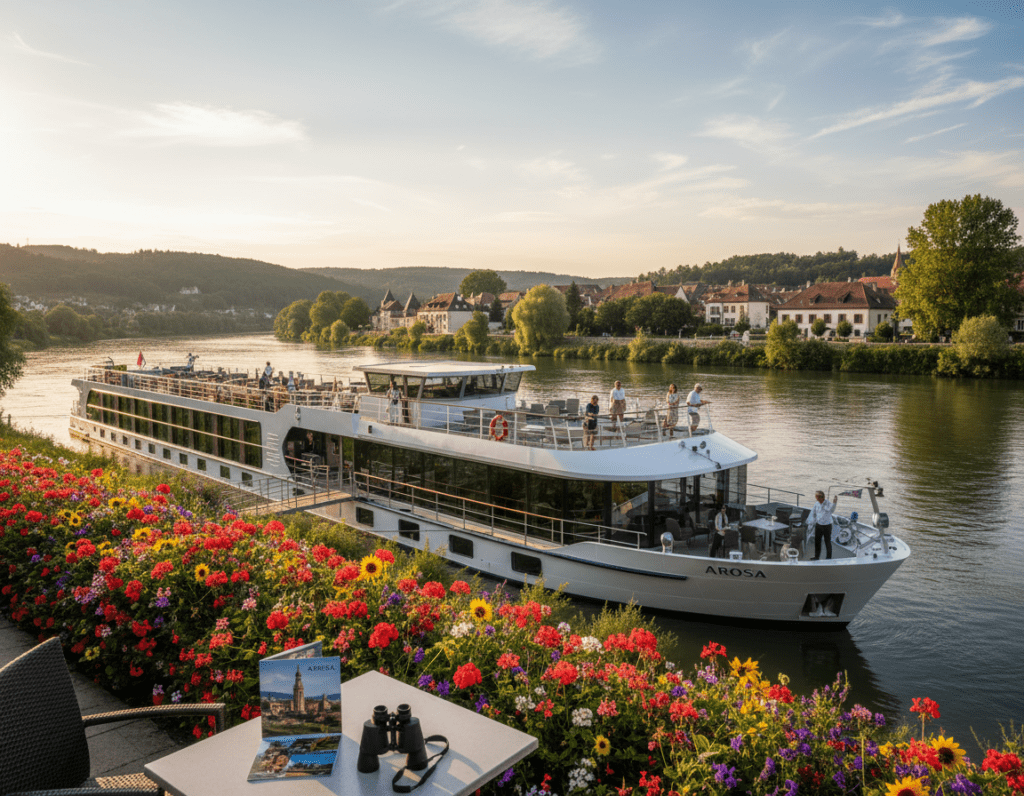 A serene river scene depicting an Arosa river cruise experience. In the foreground, a stylish riverboat with elegant design, partially docked, allowing guests in smart casual attire to enjoy the view. In the middle ground, lush green banks lined with charming villages and colorful flowers, hinting at the beauty of European riverside destinations. In the background, rolling hills and a bright blue sky with wispy clouds, creating an inviting and relaxing atmosphere. The lighting should emulate a warm, golden sunset, casting a soft glow over the scene. Capture the essence of adventure and relaxation, with a focus on nature and cultural discovery. Include a pair of binoculars and a travel brochure on a table to enhance the travel theme.