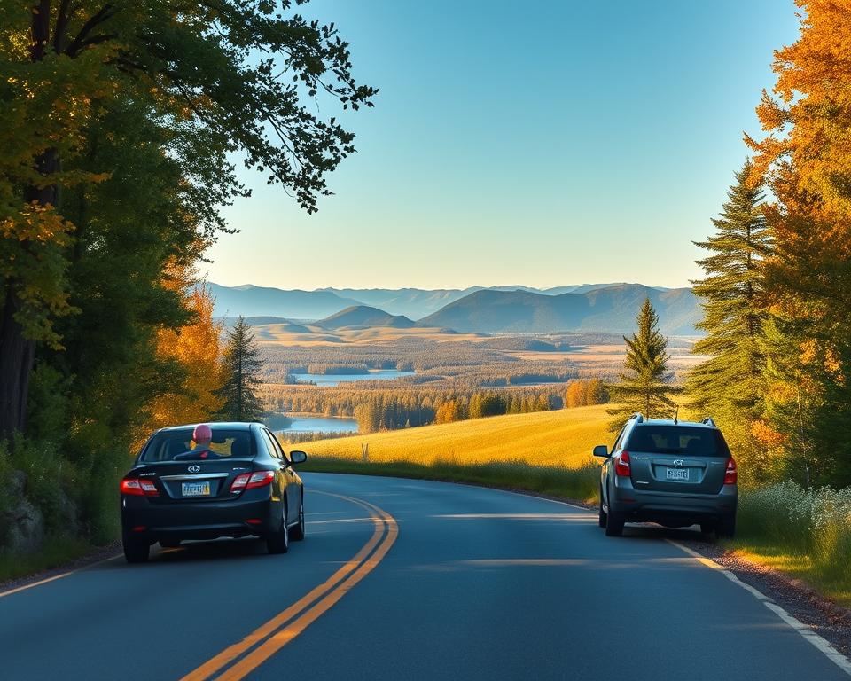 A serene road leading to Algonquin Provincial Park, framed by lush green trees and vibrant autumn foliage. In the foreground, a clear winding road that invites travelers, with a few parked cars displaying modest human figures in casual attire admiring the scenery. The middle ground features rolling hills dotted with wildflowers, and a glimpse of shimmering lakes reflecting the blue sky. In the background, majestic forests stretching towards distant mountains under soft, warm sunlight, creating a tranquil atmosphere. The scene captures the essence of a peaceful journey, emphasizing the natural beauty of the park. Shot with a wide-angle lens to enhance depth, the lighting is golden hour for a warm glow, evoking feelings of adventure and exploration.