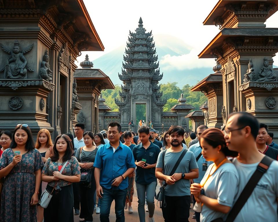 A serene scene at Besakih Temple in Bali, showcasing the respectful etiquette of visitors. In the foreground, a diverse group of visitors wearing modest casual clothing, some holding offerings, standing calmly in front of ornate temple structures. Their expressions reflect reverence and tranquility. The middle ground features the grand, intricately carved temple buildings, adorned with traditional Balinese decorations, surrounded by lush greenery. The background reveals a misty volcanic mountain under a soft morning light, casting an ethereal ambiance over the scene. Use warm, natural lighting to create a calm and respectful atmosphere, with a slight depth of field effect to focus on the visitors while keeping the temple details visible, shot from a low angle to emphasize the grandeur of the architecture.