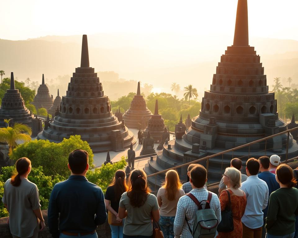 A serene scene at Borobudur Temple, with lush green surroundings and ancient stone stupas bathed in soft golden light during sunrise. In the foreground, a small group of diverse visitors in modest, casual clothing gazes up in awe at the intricate carvings and massive stupas, capturing their spiritual connection. The middle ground features the iconic layers of the temple, with intricate Buddha statues and ornate panels illuminated by the warm morning sun. In the background, the mist-covered hills create a tranquil atmosphere, enhancing the sense of peace and reverence. The image should convey a feeling of wonder and exploration, highlighting the spiritual experiences of those who visit Borobudur. Use a wide-angle perspective to capture the grandeur of the temple and its surroundings. A serene scene at Borobudur Temple, with lush green surroundings and ancient stone stupas bathed in soft golden light during sunrise. In the foreground, a small group of diverse visitors in modest, casual clothing gazes up in awe at the intricate carvings and massive stupas, capturing their spiritual connection. The middle ground features the iconic layers of the temple, with intricate Buddha statues and ornate panels illuminated by the warm morning sun. In the background, the mist-covered hills create a tranquil atmosphere, enhancing the sense of peace and reverence. The image should convey a feeling of wonder and exploration, highlighting the spiritual experiences of those who visit Borobudur. Use a wide-angle perspective to capture the grandeur of the temple and its surroundings.