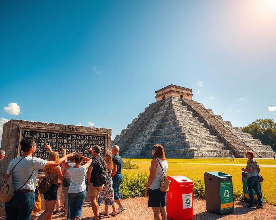 A serene scene at Chichen Itza showcasing sustainable travel practices. In the foreground, a group of diverse travelers, dressed in modest casual clothing, examines a detailed stone-carved calendar while pointing towards the Mayan pyramid in the background. The middle ground features lush greenery, with small recycling bins and eco-friendly signage promoting responsible tourism. The ancient temple looms majestically under a bright blue sky, illuminated by warm golden sunlight, enhancing the texture of the stone. The atmosphere is inviting and educational, capturing the essence of respectful cultural exploration. The angle is slightly elevated, offering a panoramic view that emphasizes the grandeur of the site while maintaining a focus on sustainable interactions with the environment.