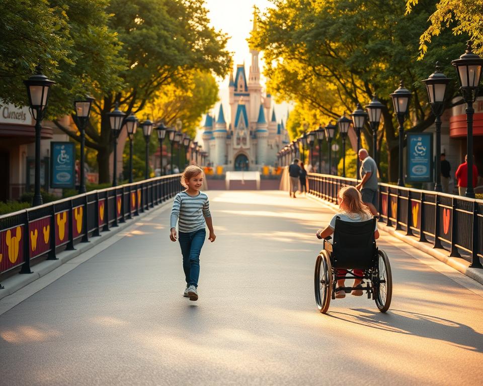 A serene scene at Disneyland Paris showcasing accessibility features for visitors with special needs. In the foreground, a cheerful family is navigating a wide, gently sloping pathway with a wheelchair, surrounded by colorful Disney-themed decorations. The middle ground features iconic attractions, like the Sleeping Beauty Castle, with visible accessibility ramps and signage to guide guests. The background is bathed in warm, golden sunlight filtering through trees, creating a welcoming atmosphere. The mood is joyful and inclusive, emphasizing the park's commitment to accessibility. Capture the image from a slightly elevated angle to highlight the layout and pathways, using soft, bright lighting to enhance the cheerful vibe. A serene scene at Disneyland Paris showcasing accessibility features for visitors with special needs. In the foreground, a cheerful family is navigating a wide, gently sloping pathway with a wheelchair, surrounded by colorful Disney-themed decorations. The middle ground features iconic attractions, like the Sleeping Beauty Castle, with visible accessibility ramps and signage to guide guests. The background is bathed in warm, golden sunlight filtering through trees, creating a welcoming atmosphere. The mood is joyful and inclusive, emphasizing the park's commitment to accessibility. Capture the image from a slightly elevated angle to highlight the layout and pathways, using soft, bright lighting to enhance the cheerful vibe.