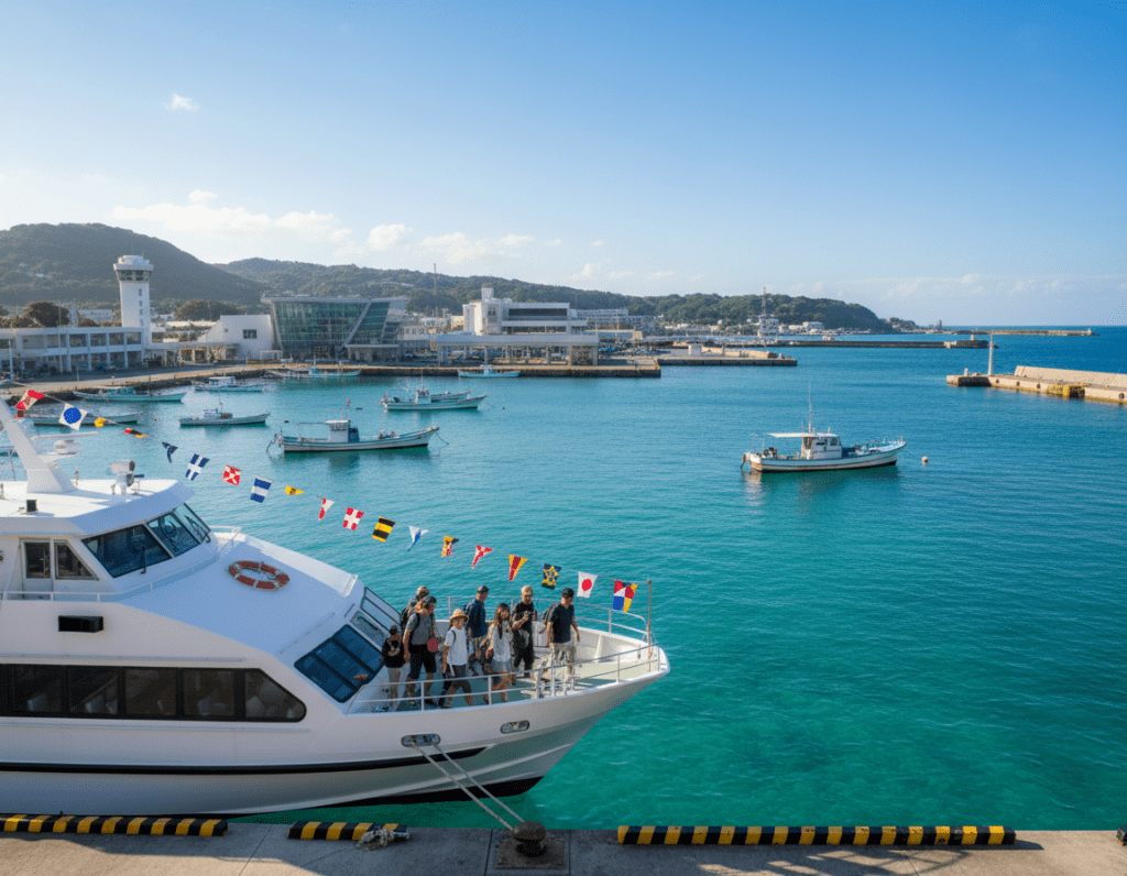 A serene scene at Tomari Port in Naha, Okinawa, capturing a bright sunny day. In the foreground, a sleek white ferry is docked, its colorful flags flapping gently in the breeze. Passengers in modest casual clothing are disembarking, smiling and taking in the view. The middle ground features the vibrant turquoise waters of the harbor, with a few fishing boats bobbing gently. The background showcases the port's modern facilities against a backdrop of lush green hills and the clear blue sky. Soft sunlight bathes the scene, enhancing the warm, welcoming atmosphere. The image is shot from a slightly elevated angle to capture the bustle of the port while highlighting the beauty of the surrounding landscape. A serene scene at Tomari Port in Naha, Okinawa, capturing a bright sunny day. In the foreground, a sleek white ferry is docked, its colorful flags flapping gently in the breeze. Passengers in modest casual clothing are disembarking, smiling and taking in the view. The middle ground features the vibrant turquoise waters of the harbor, with a few fishing boats bobbing gently. The background showcases the port's modern facilities against a backdrop of lush green hills and the clear blue sky. Soft sunlight bathes the scene, enhancing the warm, welcoming atmosphere. The image is shot from a slightly elevated angle to capture the bustle of the port while highlighting the beauty of the surrounding landscape.